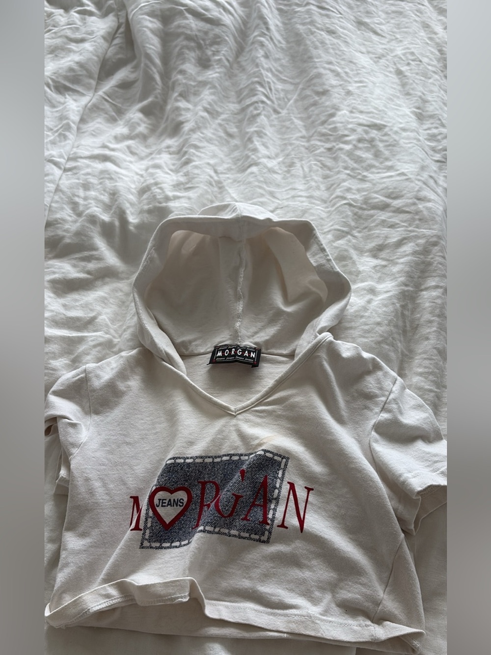 Morgan Cream Hoodie Top with Red Logo